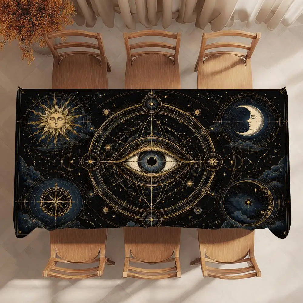 Witchy evil eye tablecloth – altar cloth with candles and crystals
