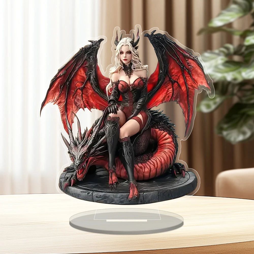 Red Dragon and Witch Acrylic Decorative Plaque Desktop Decor Gothic Table Ornament-MoonChildWorld