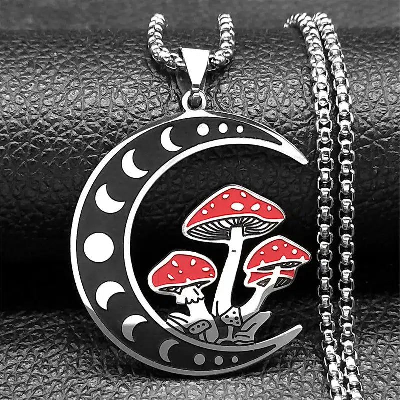 Gothic Moon Witchy Necklace Mushroom and Moon Phases Necklace-MoonChildWorld