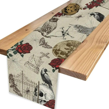 Gothic Roses Crows Skull Linen Table Runner - Black Raven Witchy Table Runner Halloween Decorations