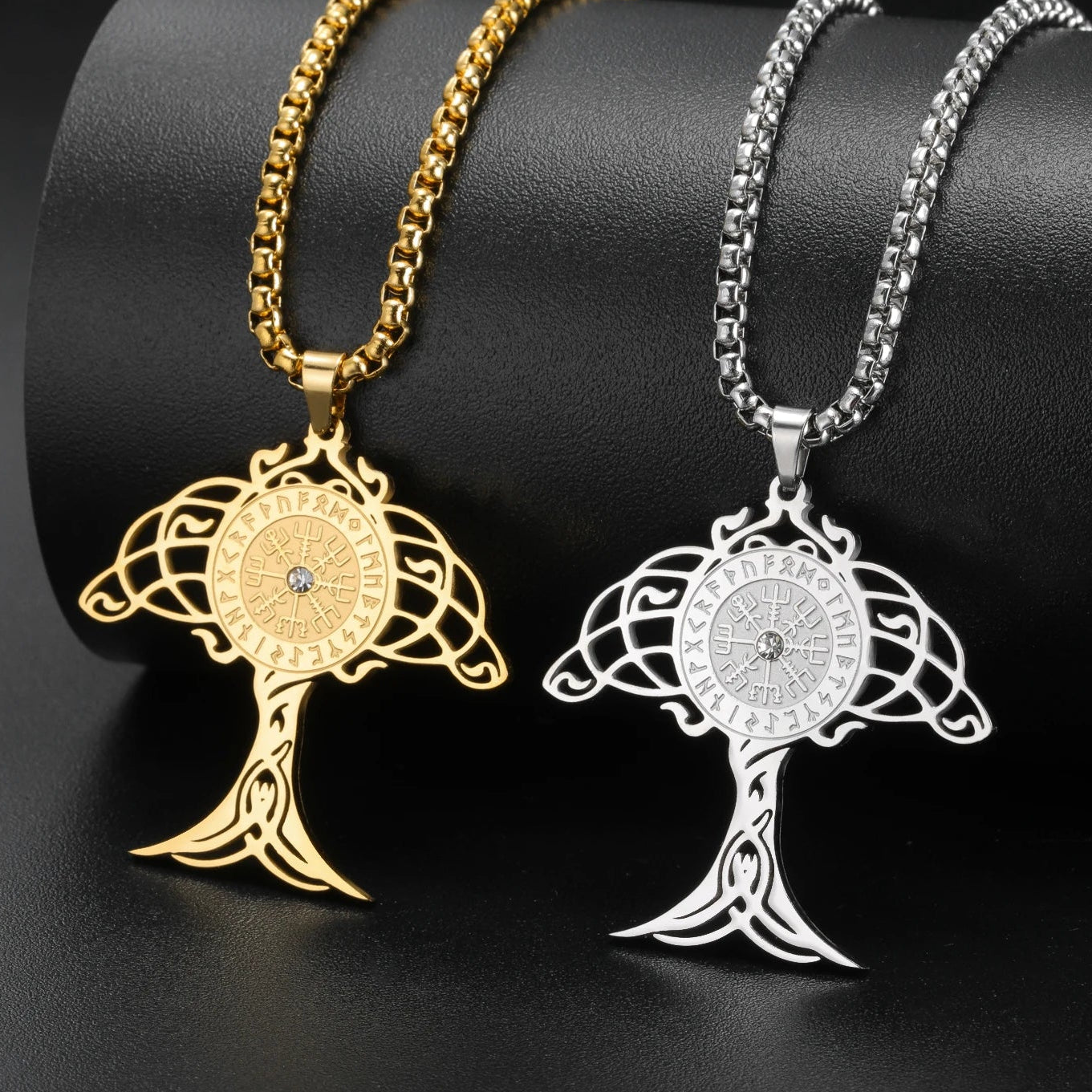 Viking Tree of Life Compass Necklace – gold and silver Yggdrasil pendants with Vegvisir rune compass on black background