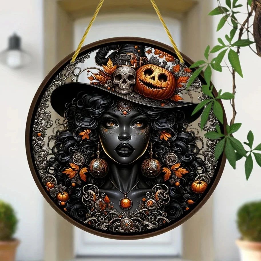 Black Witch Suncatcher Gothic Acrylic Round Sign Halloween Home Decor-MoonChildWorld