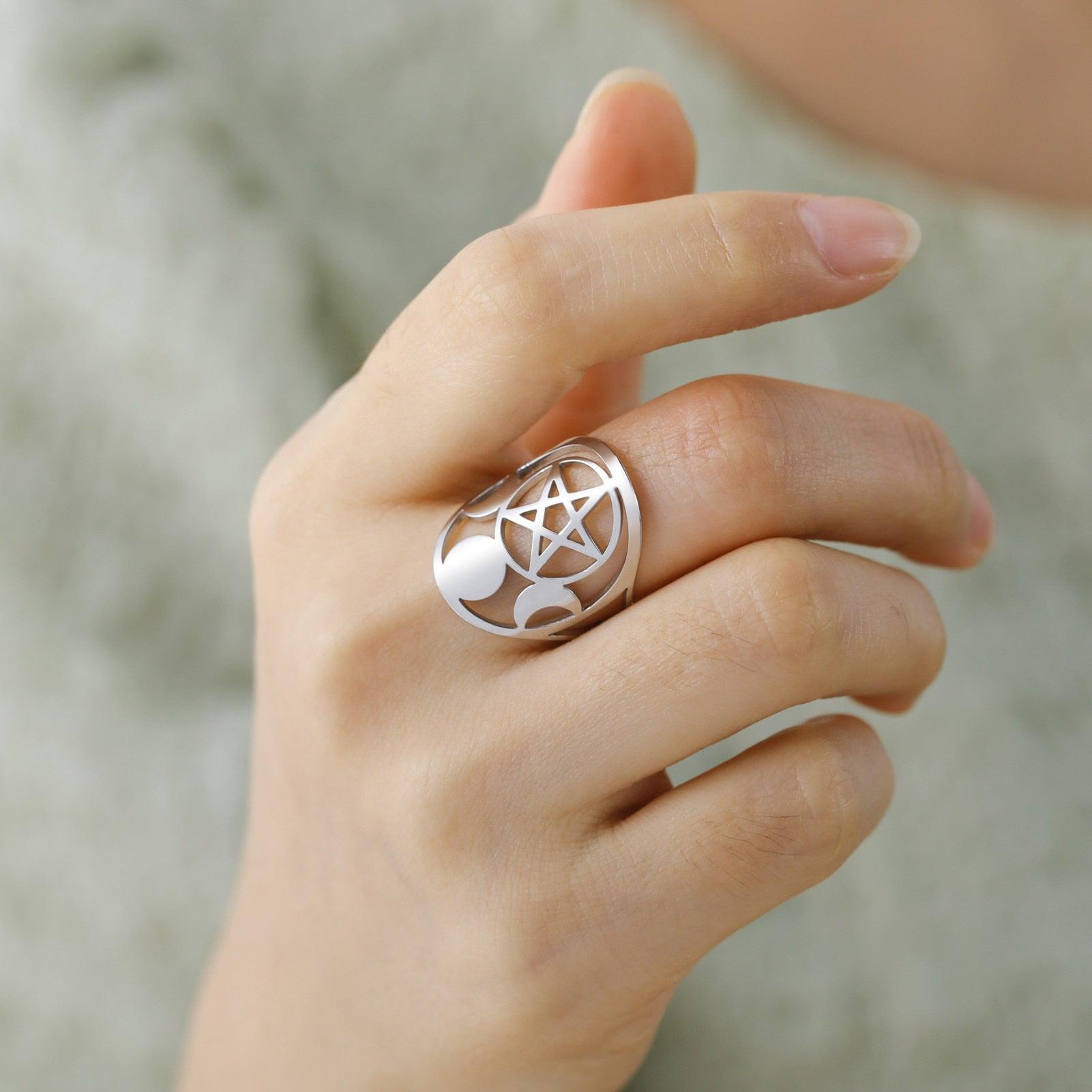 Pentagram Moon Ring Wicca Pagan Jewelry-MoonChildWorld