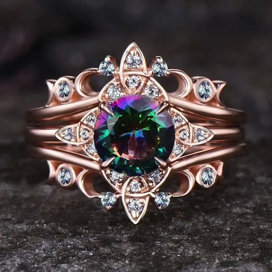 Set of 3 Colorful Quartz Crystal Celtic Knot Triple Moon Wiccan Ring Witch Jewelry