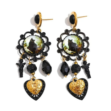Black Crystal Occult Cat Heart Drop Earrings Witch Jewelry-MoonChildWorld