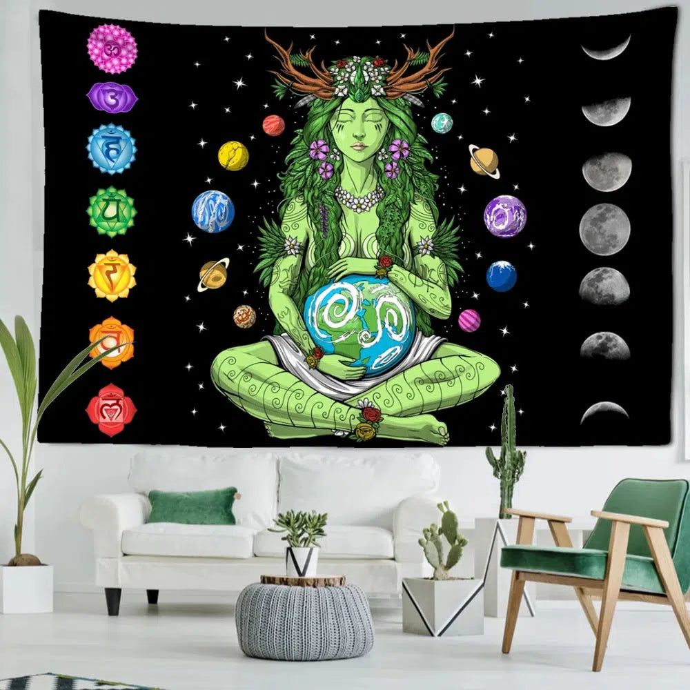 Mother Earth Goddess Tapestry 7 Chakra Moon phases Pagan Tapestry-MoonChildWorld