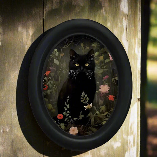 Occult Black Cat Wooden Oval Frame - Gothic Oval Wall Art - Witchy Wall Decoration