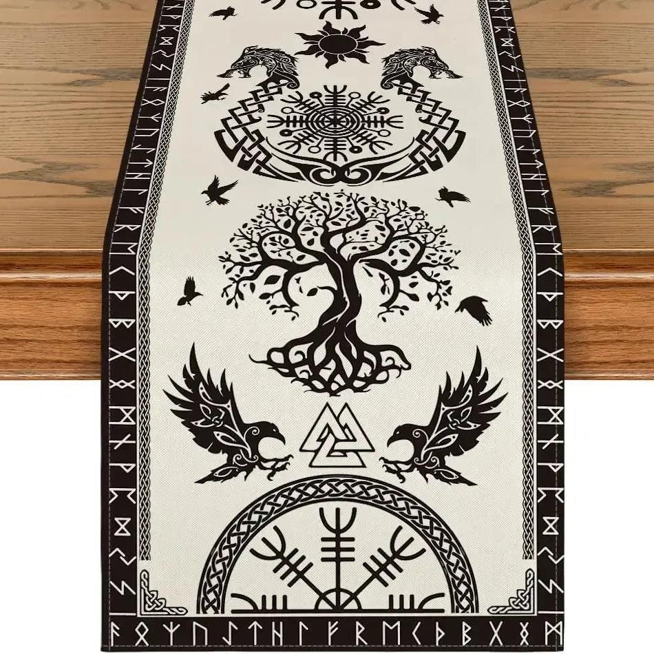Viking Runes Tree of Life Linen Table Runners - Norse runes Pagan Table Runner Viking Home Decor-MoonChildWorld