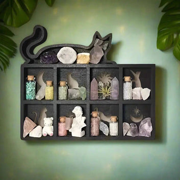 Witchy Black Cat Crystal Shelf Moon Cat Wooden Crystal Shelf