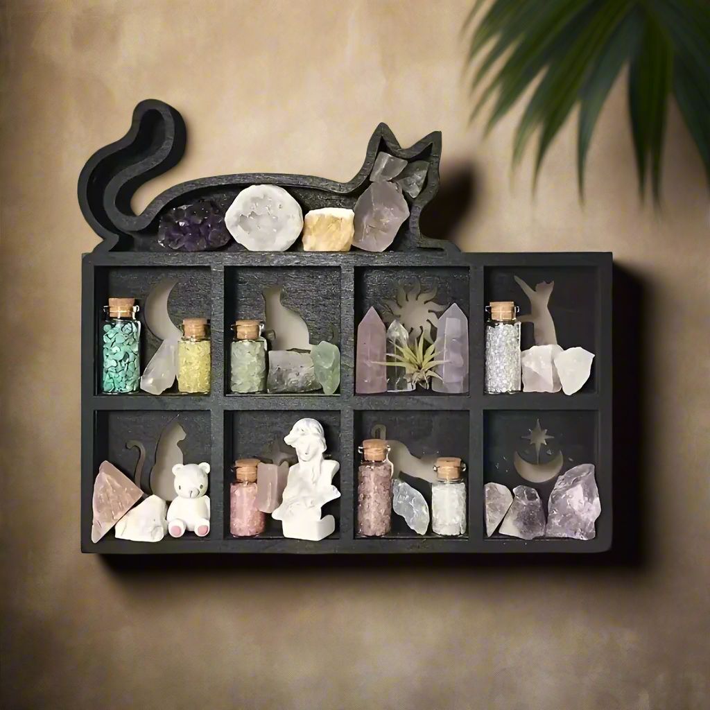 Witchy Black Cat Crystal Shelf Moon Cat Wooden Crystal Shelf-MoonChildWorld