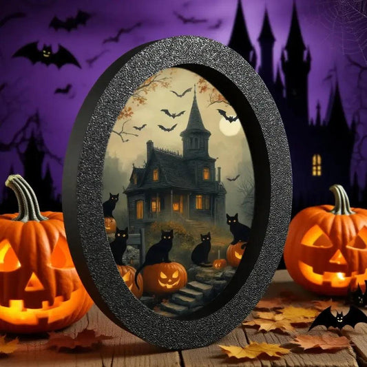 Black Cat, Pumpkin and Gothic Castle Wooden Oval Frame - Spooky Oval Wall Art for Halloween Wall Decoration