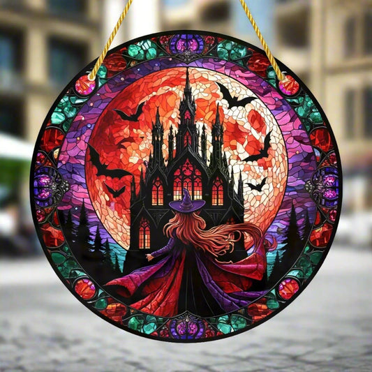 Blood Moon Bat Gothic Suncatcher Witch Acrylic Round Sign Halloween Decor