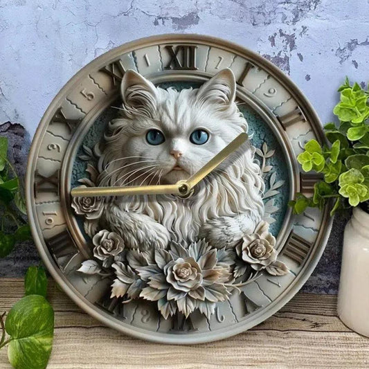 White cat wooden wall clock for witchy home decor