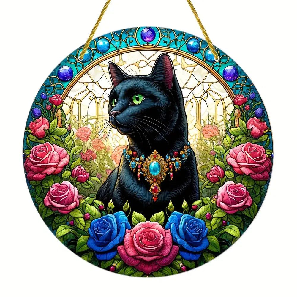 Floral Black Cat Suncatcher Witchy Acrylic Sign-MoonChildWorld