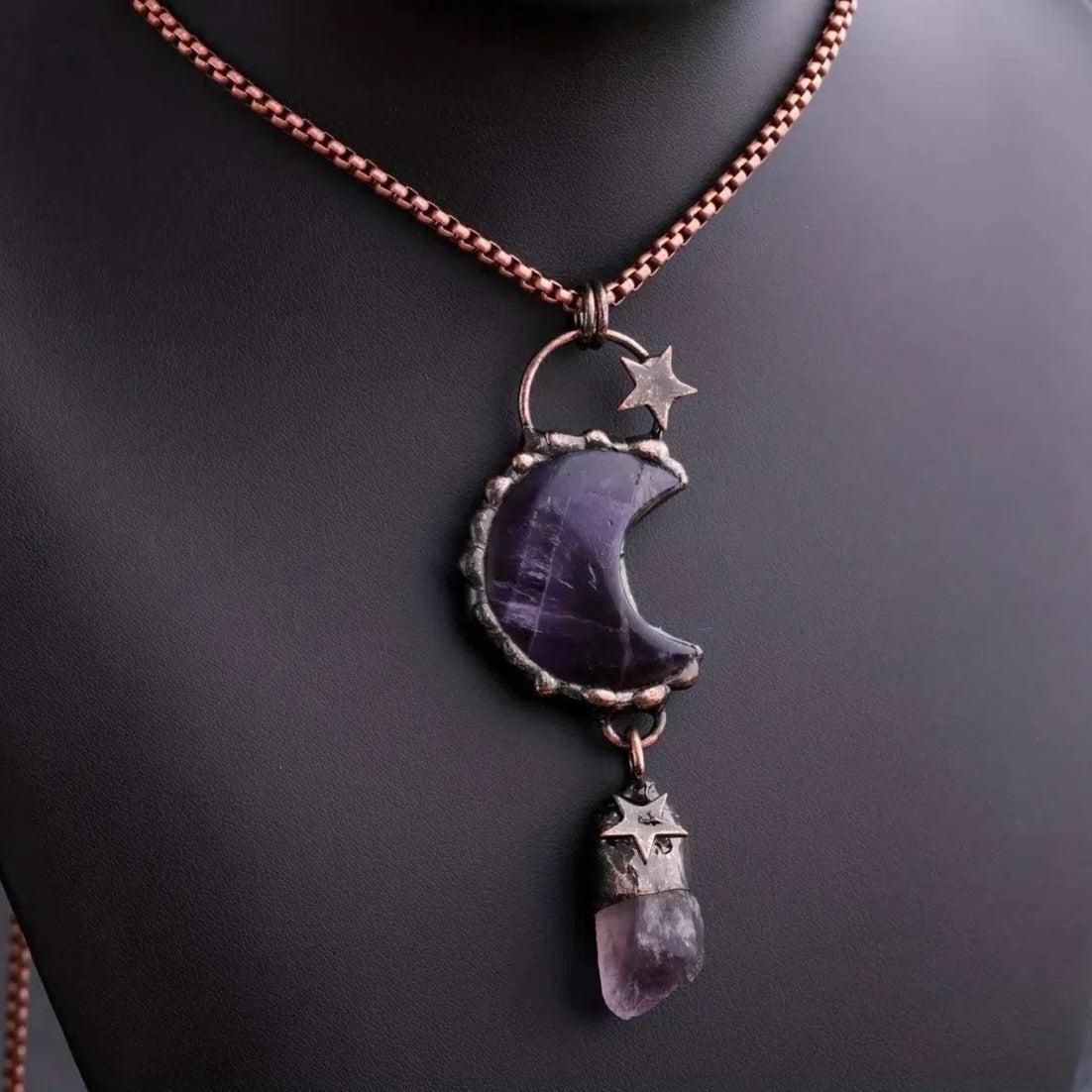 Celestial Star Moon Natural Stone Necklace Wiccan Jewelry-MoonChildWorld