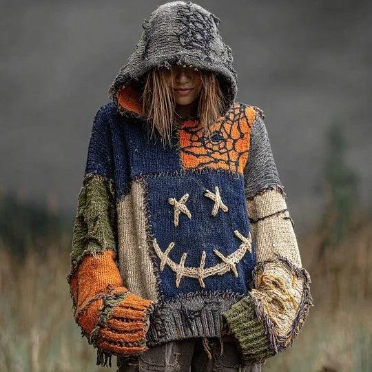 Gothic Halloween Oversized Sweaters Horror Black Cat Sweater O Neck Hooded Pullover-MoonChildWorld