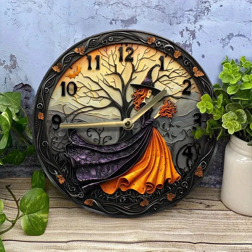 Timecrafted Beauty Halloween Enchanted Forest Witch Wall Clock-MoonChildWorld