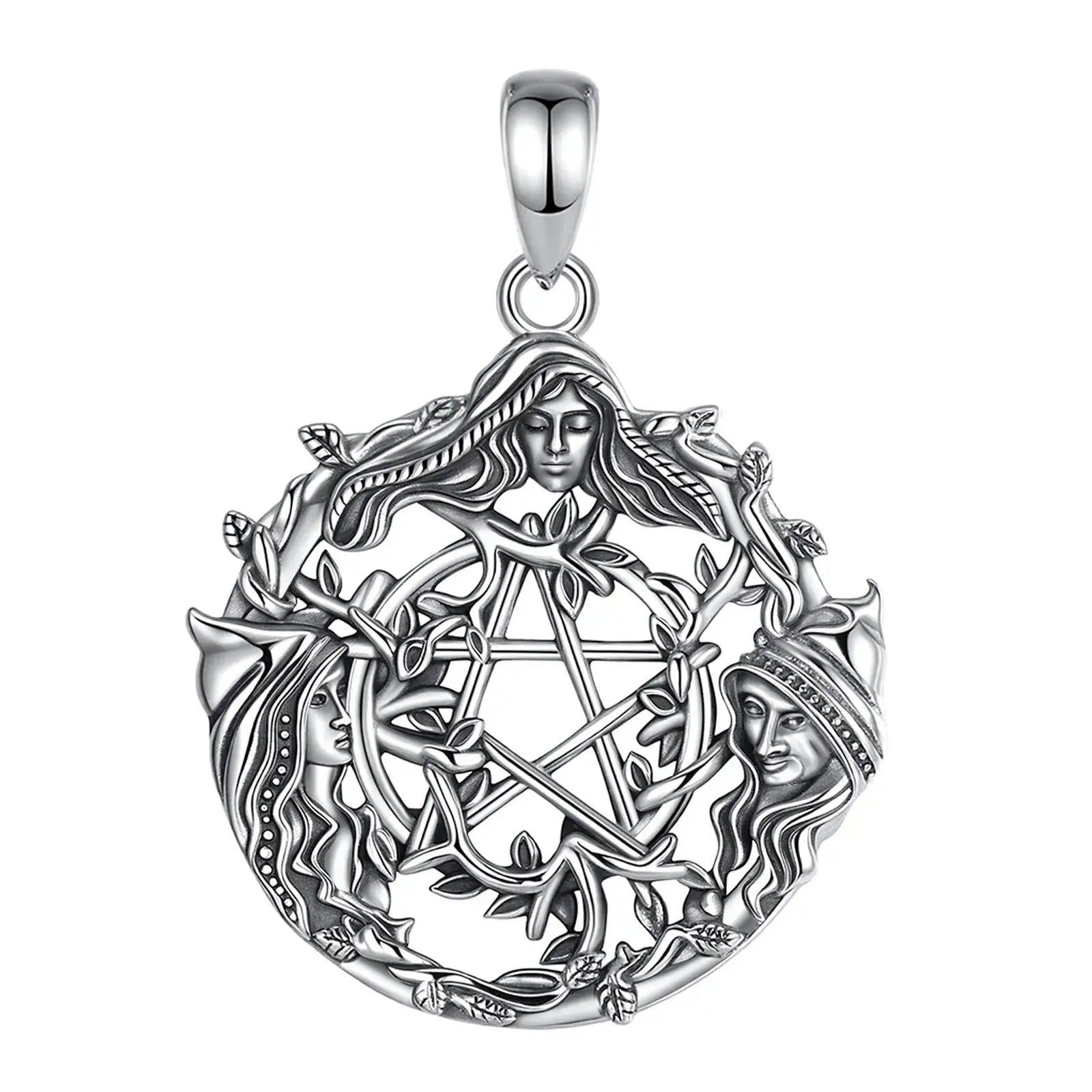 925 Sterling Silver Triple Moon Goddess Pentagram Wicca PaganNecklace Spiritual Jewelry-MoonChildWorld