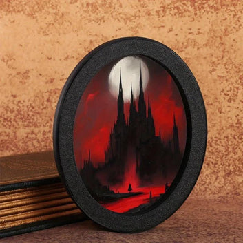 Gothic Oval Frame - Bloody Moon Castle with Gothic Architecture in Red and Durable Plastic Frame for Halloween