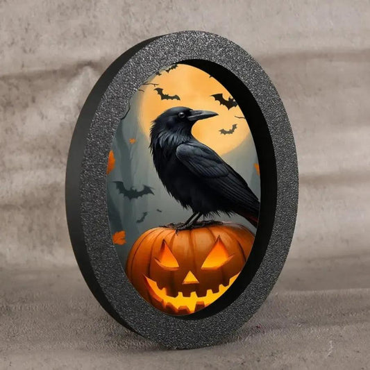 Pumpkin Crow Gothic Wooden Oval Frame - Witchy Raven Oval Wall Art - Halloween Wall Decoration