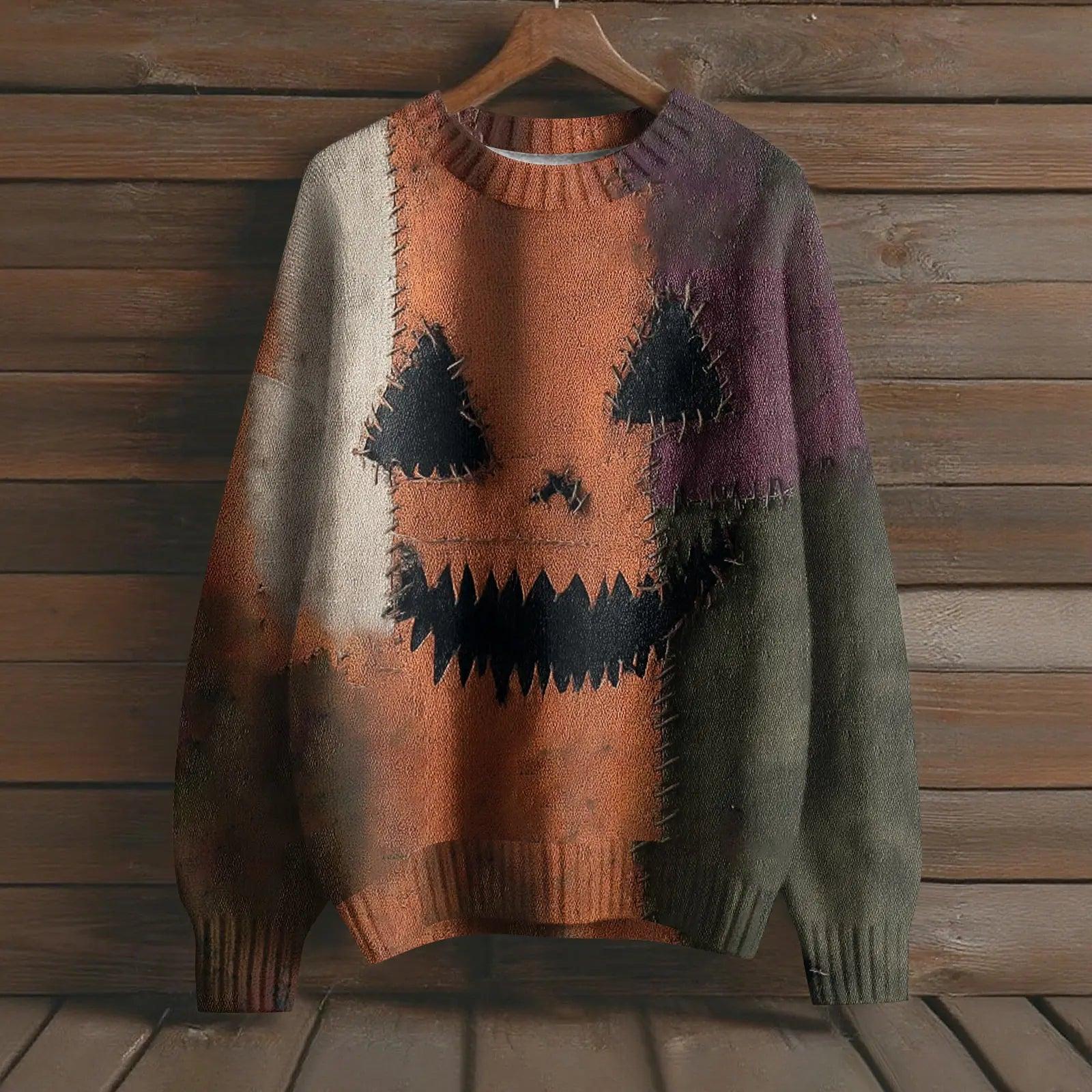 Creepy Pumpkin Long Sleeve Pullover Sweater - Gothic Witch Halloween Sweater-MoonChildWorld