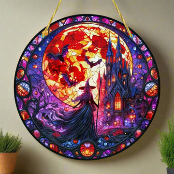 Blood Moon Bat Gothic Suncatcher Witch Acrylic Round Sign Halloween Decor-MoonChildWorld