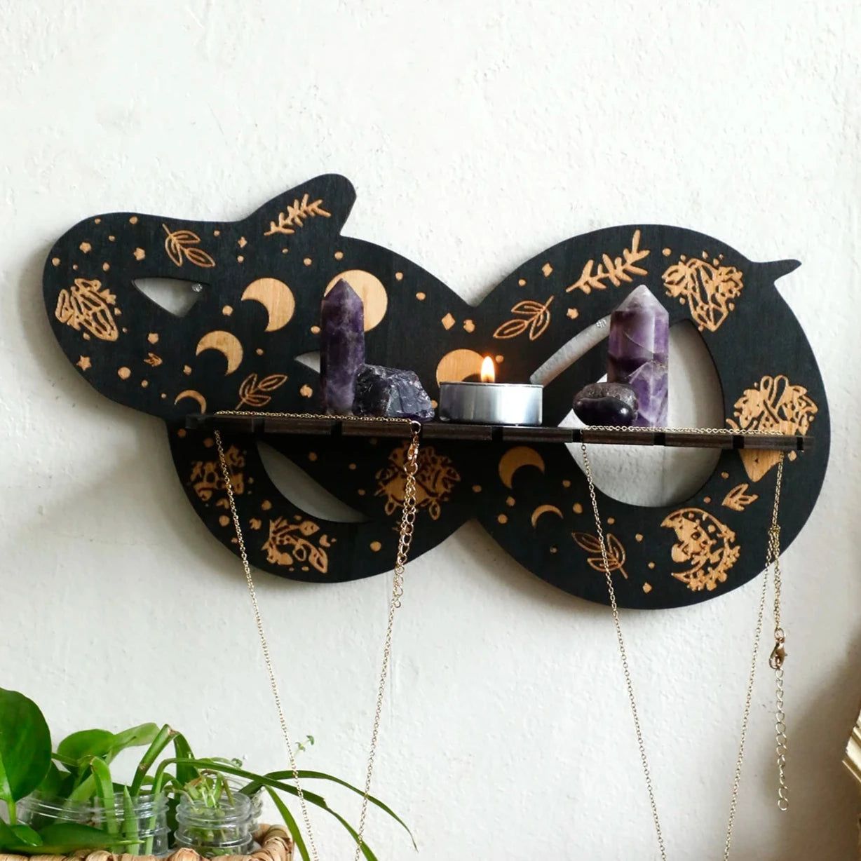 Boho Snake Moon Phases Wooden Crystal Shelf Witchy Crystal Display Shelf - Spiritual Altar Holder for Crystals, Candles, Jewelry-MoonChildWorld