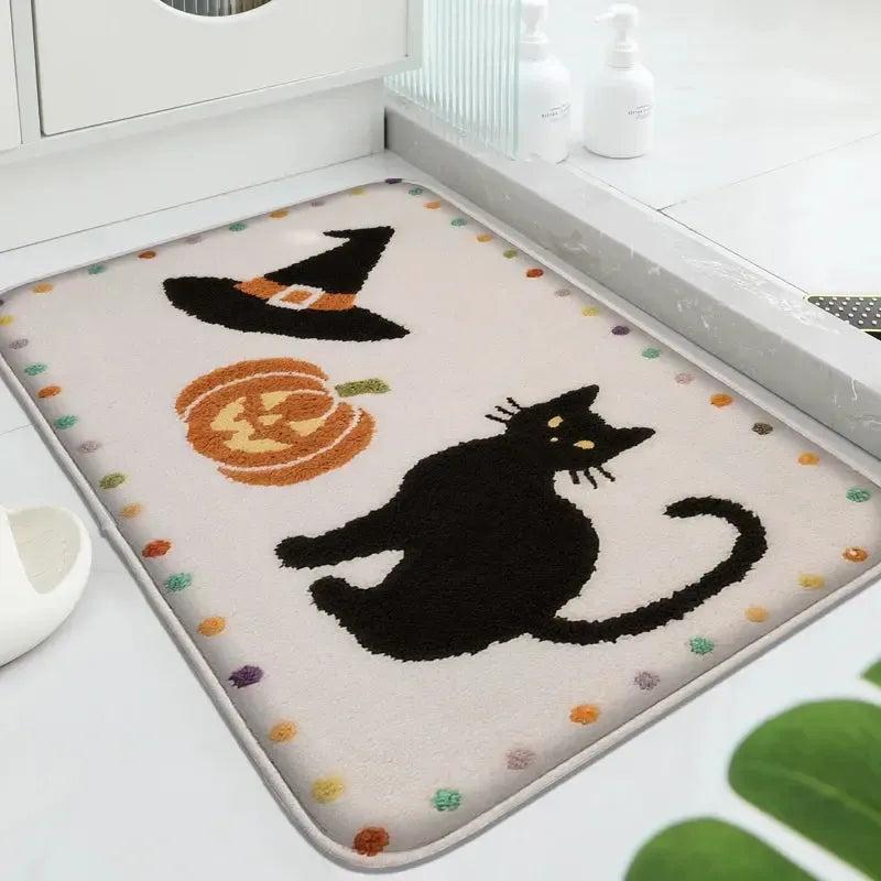 Gothic Doormat Witch Welcome Mat - Spooky Halloween Decor with Black Cat, Bat, Pumpkin and Cute Ghost-MoonChildWorld
