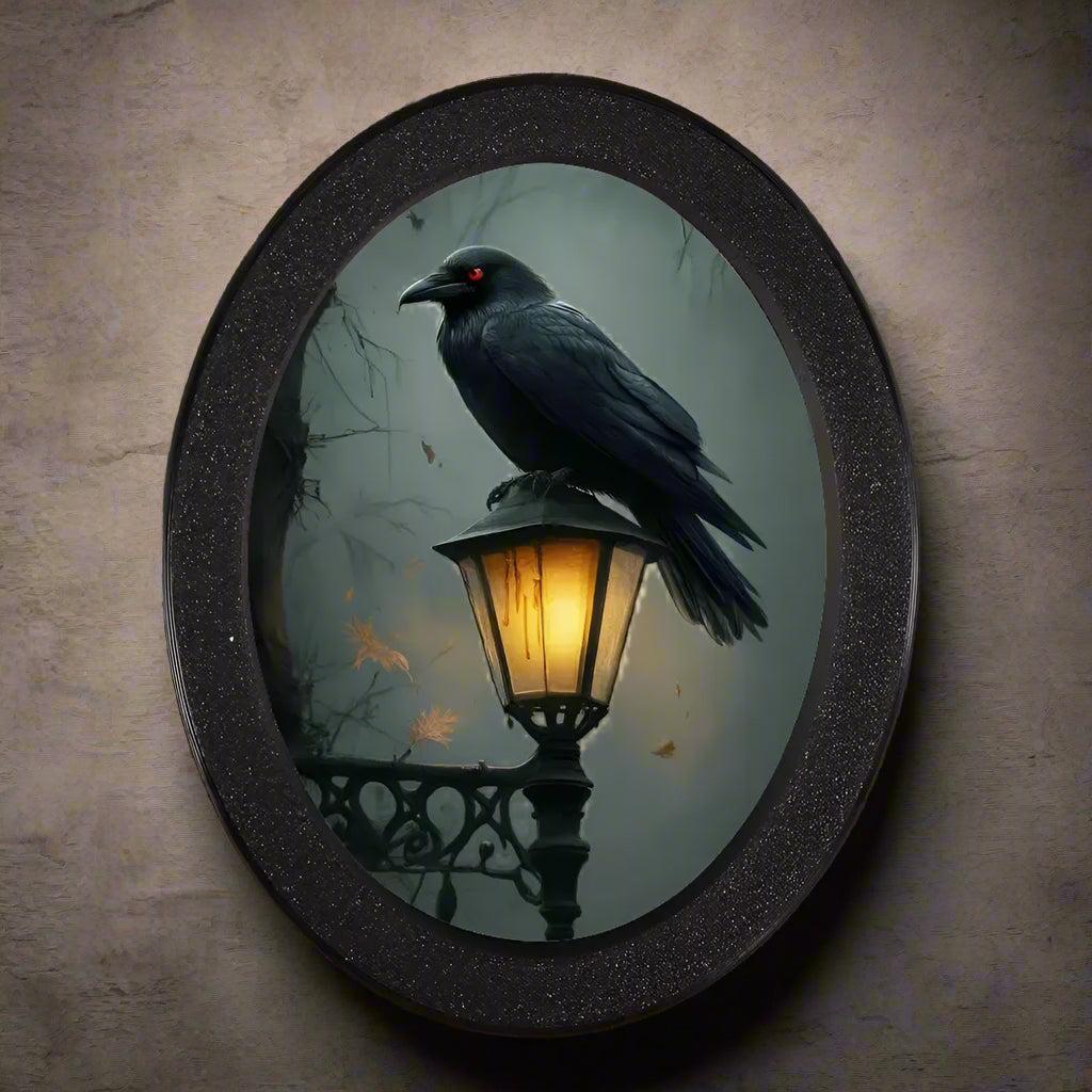 Retro Dark Crow Wall Art - Witchy Black Raven Gothic Wooden Oval Frame Halloween Wall Decoration-MoonChildWorld
