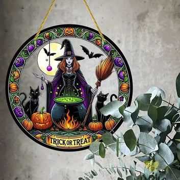 Trick or Treat Gothic Witch Suncatcher Halloween Acrylic Round Sign