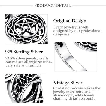 925 Sterling Silver Triple Moon Goddess Pentagram Ring Celtic Knot Adjustable Ring Wicca Pagan Jewelry