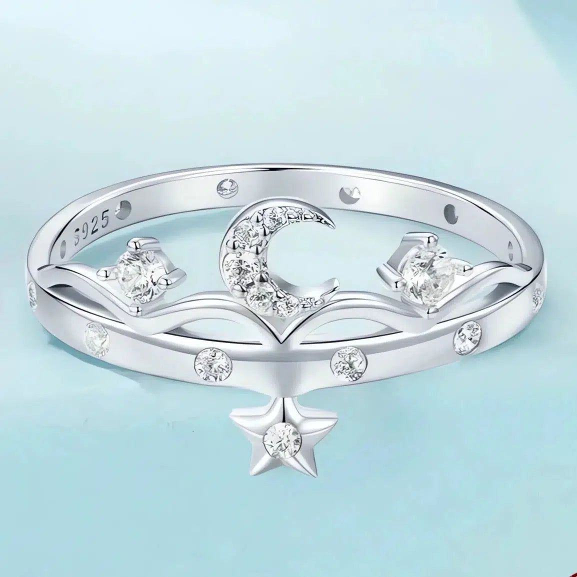 White Gold Plated 925 Sterling Silver Star Moon Ring-MoonChildWorld