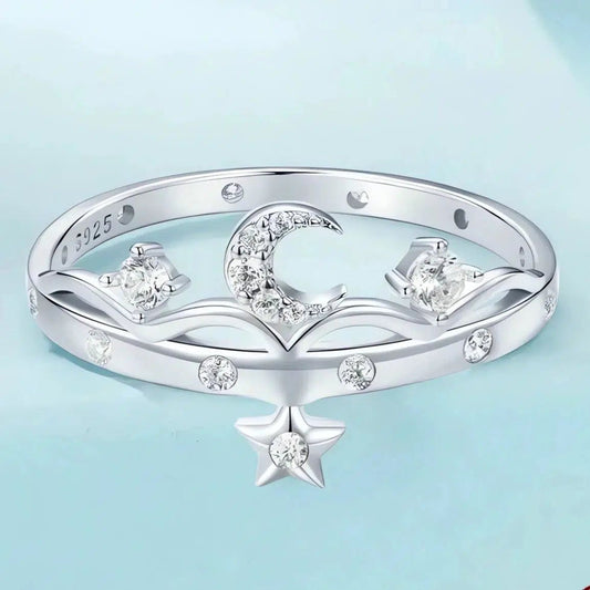 White Gold Plated 925 Sterling Silver Star Moon Ring