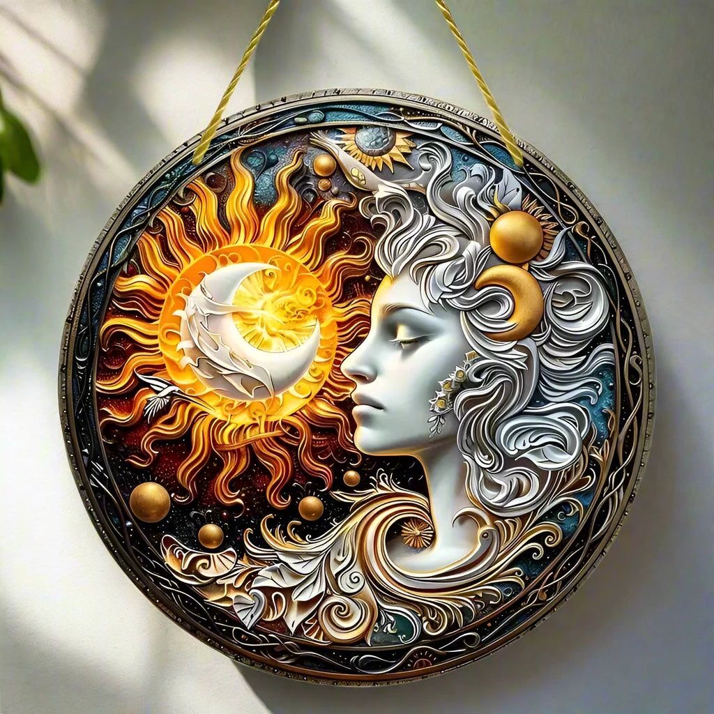 Wicca Sun and Moon Wooden Sign Celestial Goddess Hanging Sign-MoonChildWorld