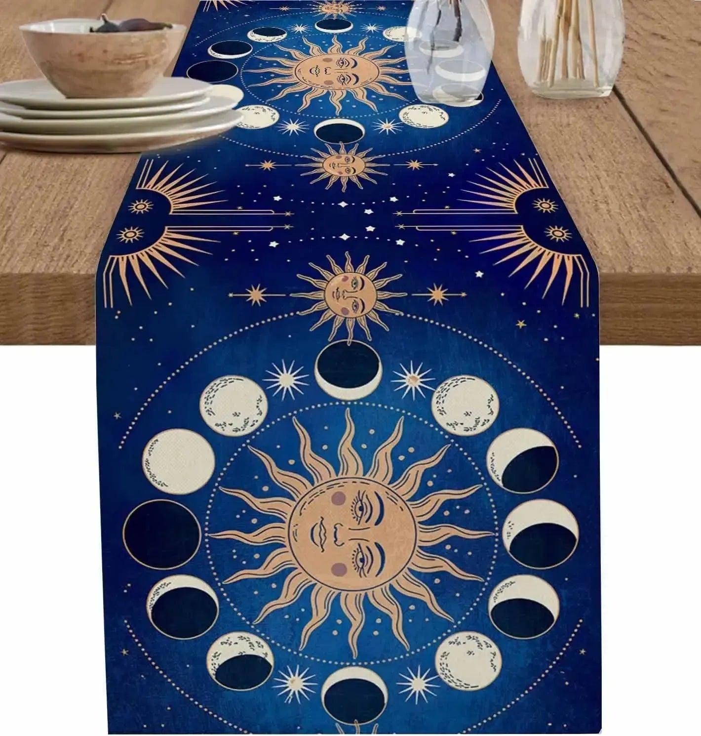 Sun Moon Tarot Astrology Linen Table Runner Celestial Table Runner Wicca Pagan Decor-MoonChildWorld