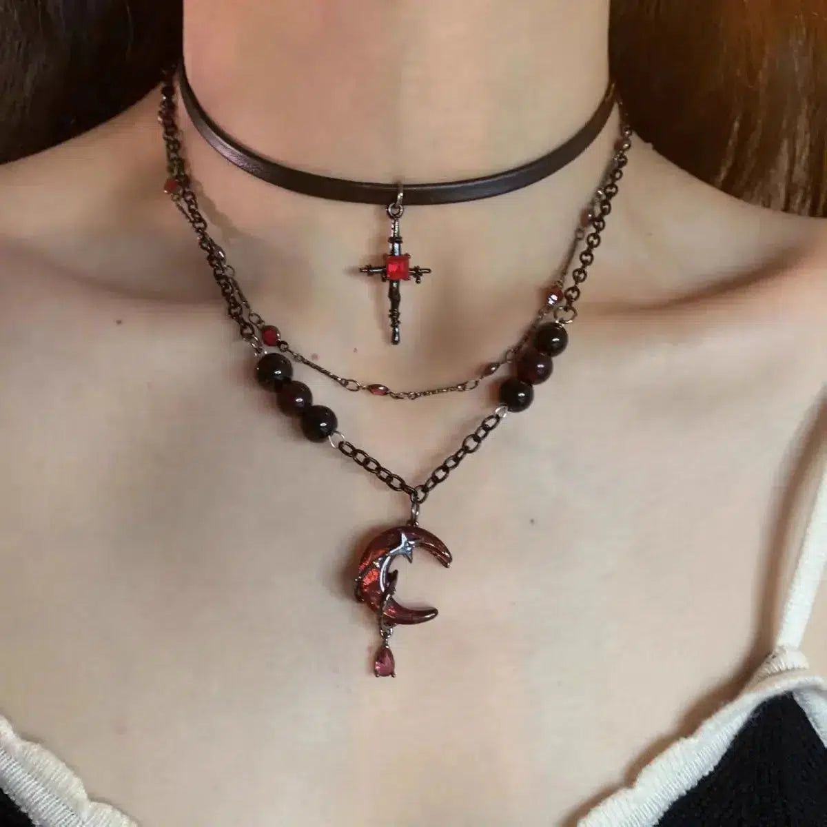 Red Crystal Moon Choker Gothic Witch Necklace Goth Jewelry-MoonChildWorld