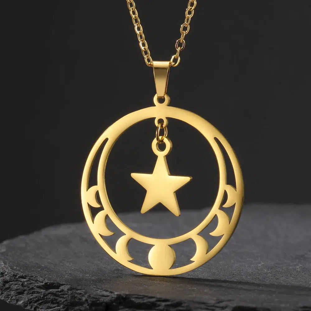 Star Moon Phase Necklace Wiccan Pentagram Lunar Moon Jewelry-MoonChildWorld