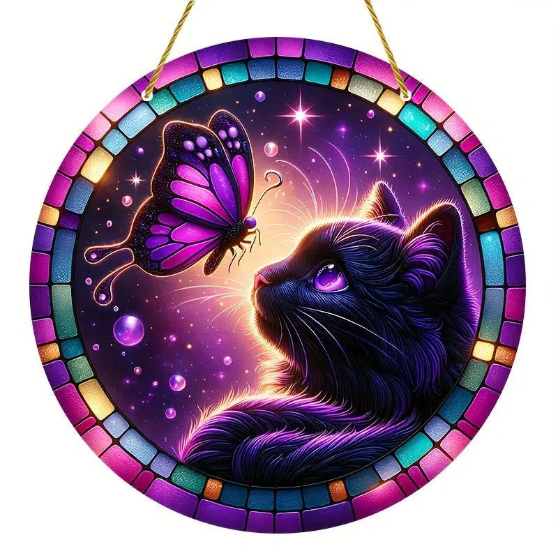 Butterfly Black Cat Suncatcher Magician Cat Window Decor Witchy Window Hanging-MoonChildWorld