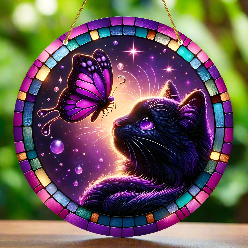 Butterfly Black Cat Suncatcher Magician Cat Window Decor Witchy Window Hanging-MoonChildWorld