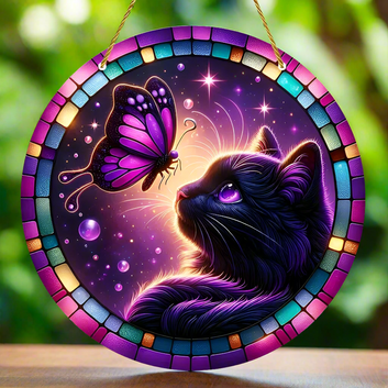 Butterfly Black Cat Suncatcher Magician Cat Window Decor Witchy Window Hanging