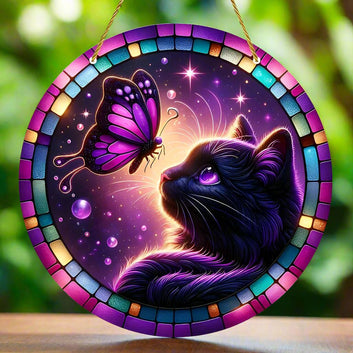 Butterfly Black Cat Suncatcher Magician Cat Window Decor Witchy Window Hanging