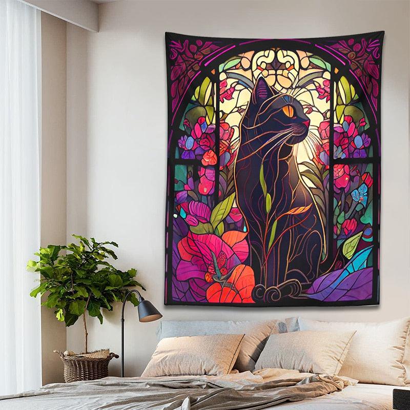 Stained Glass Mystery Cat Tapestry Witchy Wall Hanging-MoonChildWorld