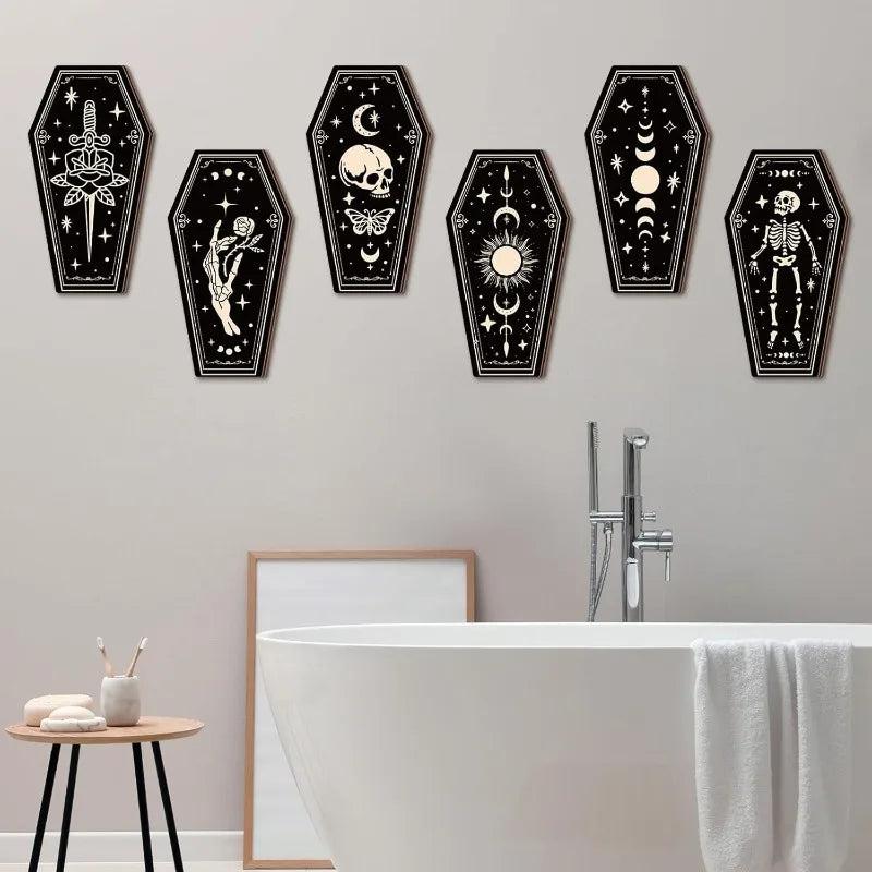 Skelaton Witchy Wall Art Wooden Hanging Signs - Skull Moon Wall Decor Set 6pcs - Gothic Home Decor for Dark Aesthetic-MoonChildWorld