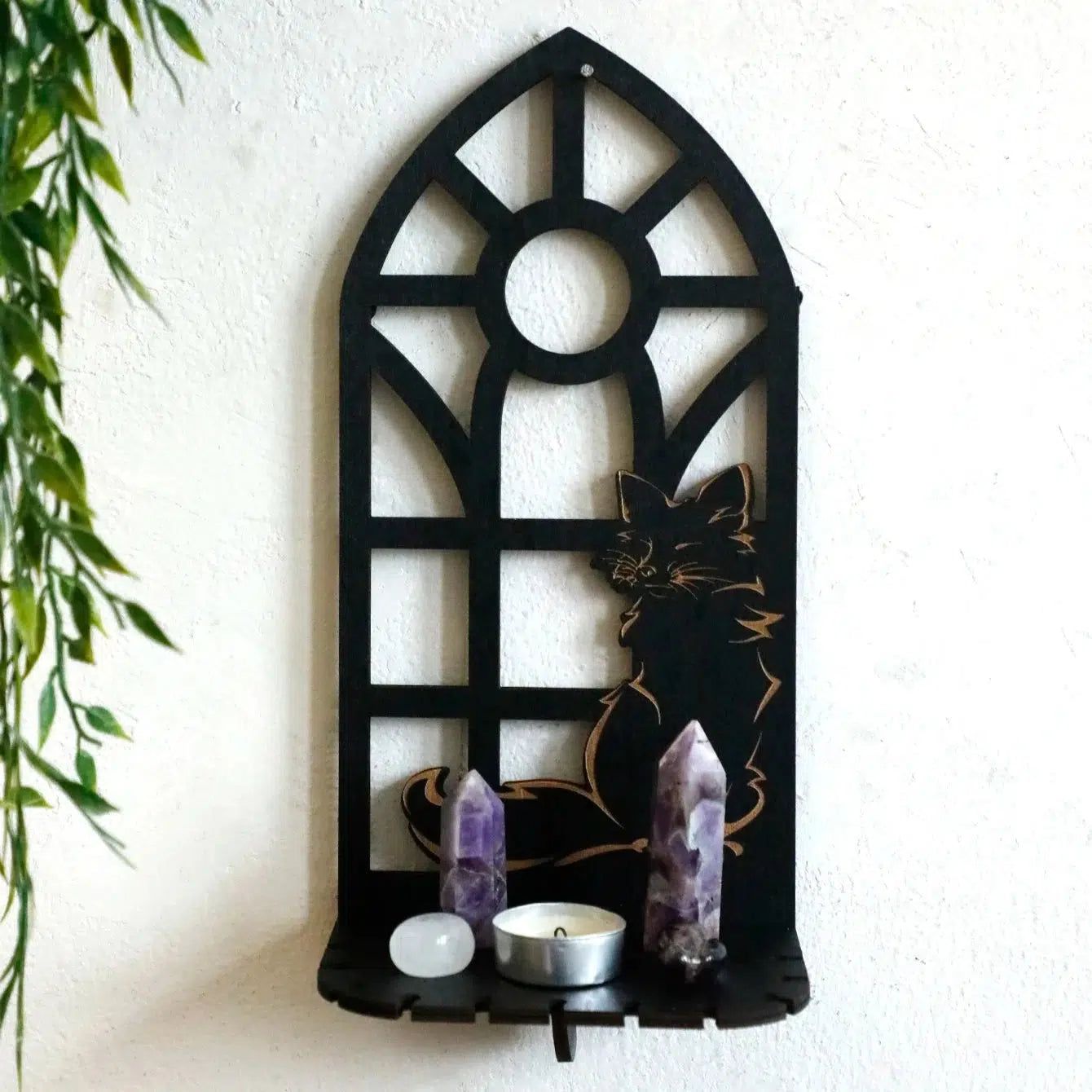 Wicca Wooden Wall Shelves Gothic Crystal Shelves with Tea Light Candle Holders Spiritual Home Decor-MoonChildWorld