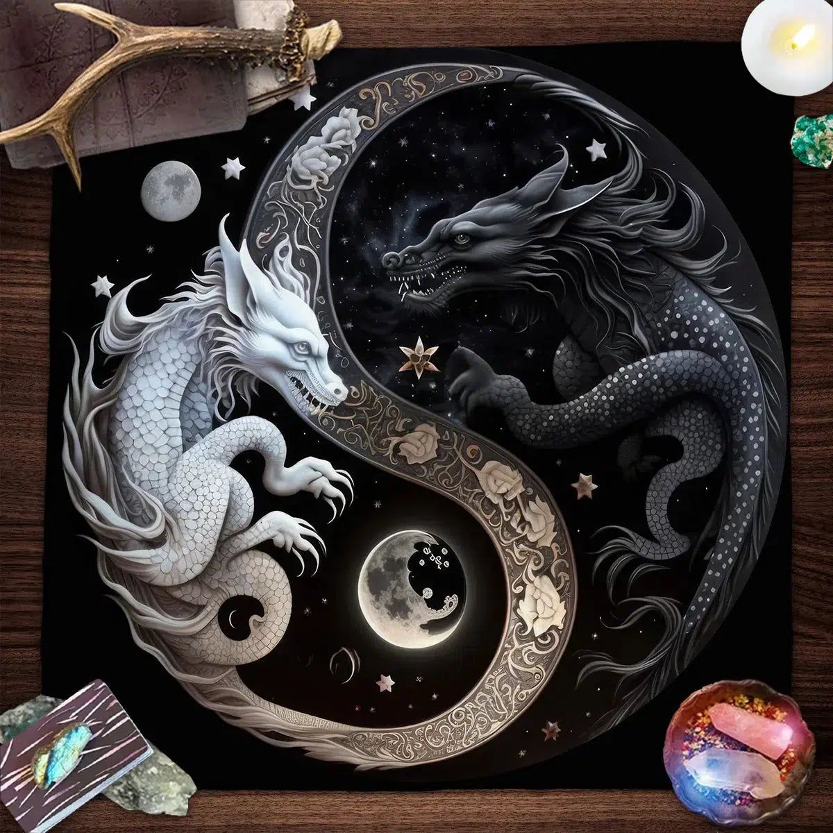 Yin Yang Dragon Tarot Tablecloth Wicca Altar Cloth-MoonChildWorld