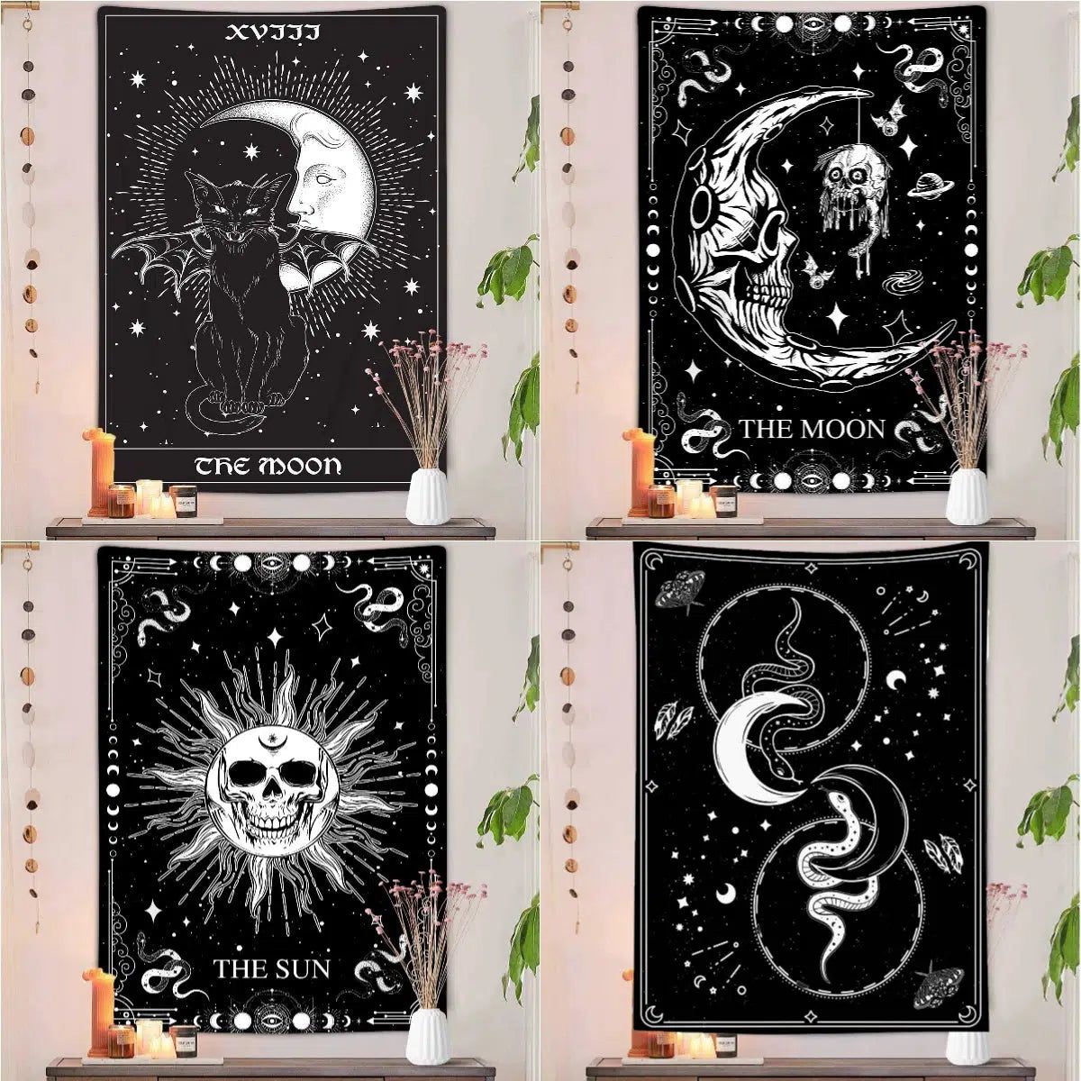 Gothic Skull Black Cat Tarot Moon Tapestries Witchcraft Tapestry-MoonChildWorld