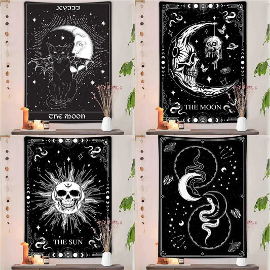 Gothic Skull Black Cat Tarot Moon Tapestries Witchcraft Tapestry