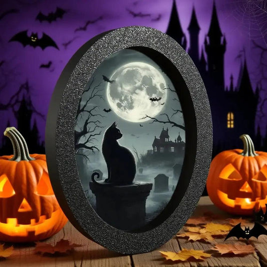 Moonlit Black Cat Gothic Wooden Oval Frame - Gothic Cat Oval Wall Art for Halloween Wall Decoration
