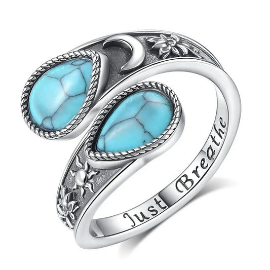 925 Sterling Silver Turquoise Rings Sun Moon Lotus Just Breathe Rings Wicca Healing Jewelry