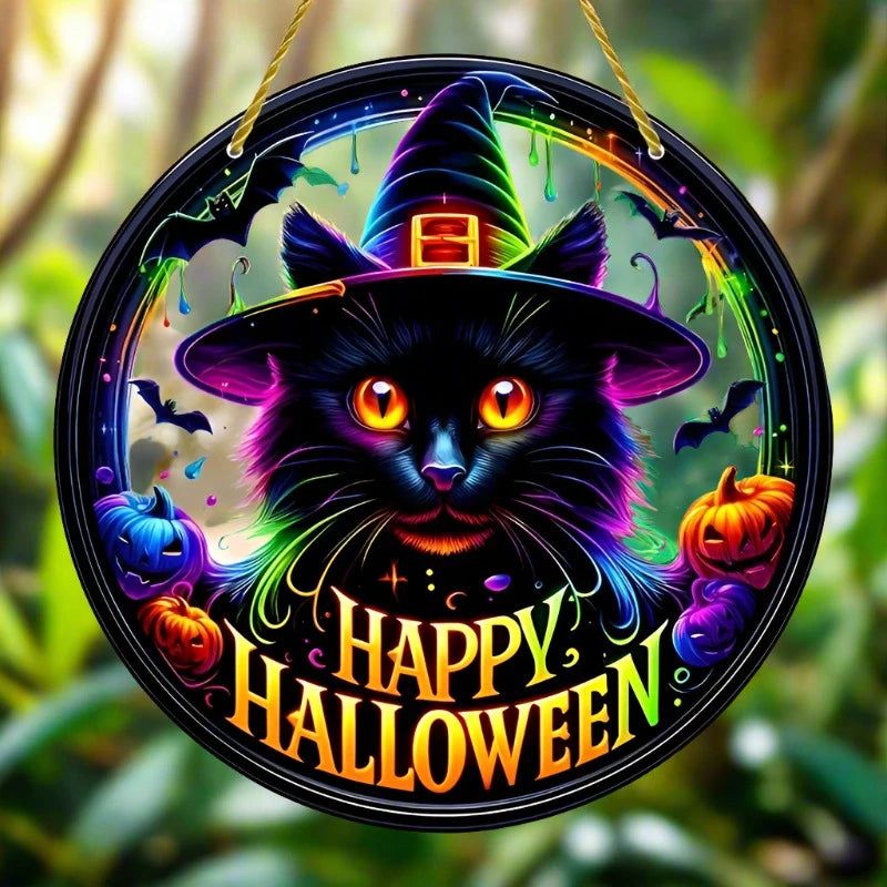 Black Cat Suncatcher Halloween Acrylic Round Sign-MoonChildWorld